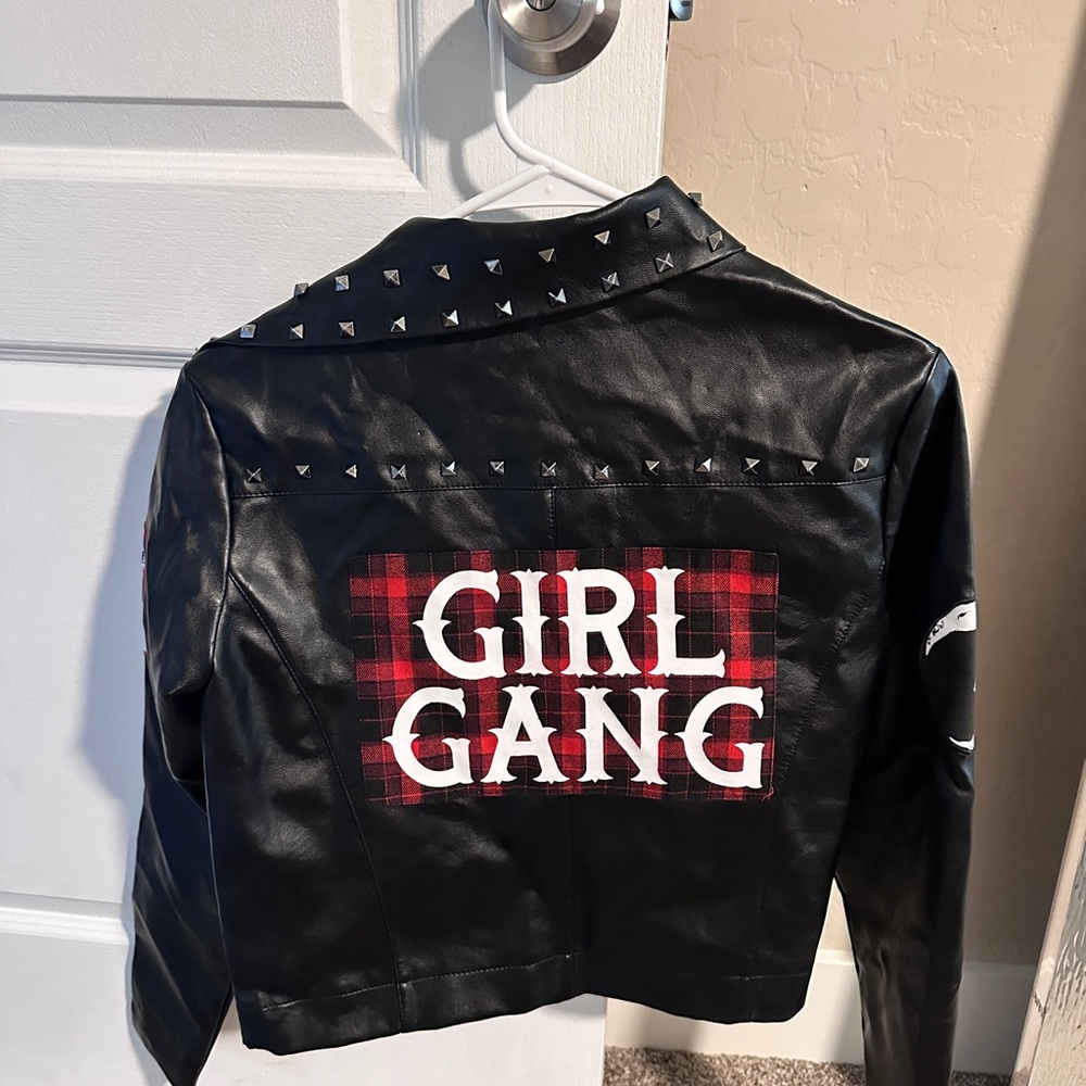 Studded Black Faux Leather Jacket with Red Plaid Patch